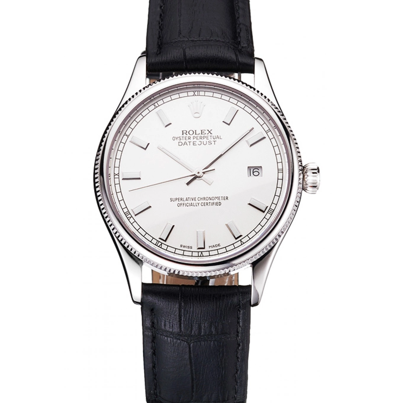 Leather Case Datejust Stainless Dial Swiss Black White Strap Rolex Steel 0725